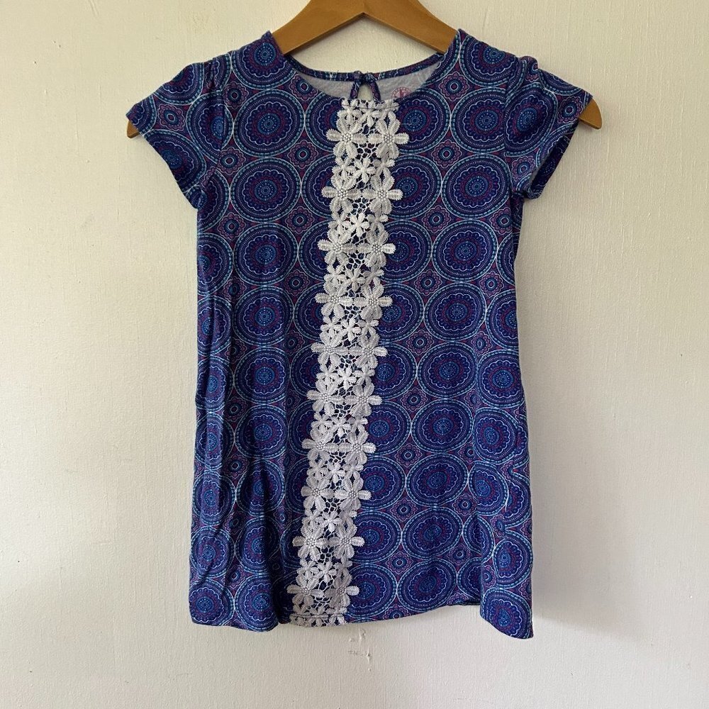 J.Khaki Shift Dress Girls Size 6 Blue Short Sleeve Flora Lace Kids Coastal Beach